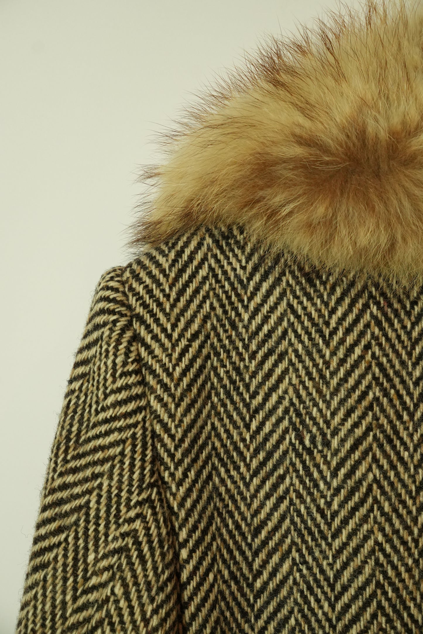 Aquascutum Herringbone Wool Coat w Fur Collar