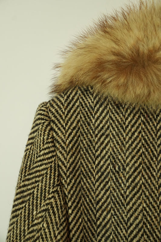 Aquascutum Herringbone Wool Coat w Fur Collar