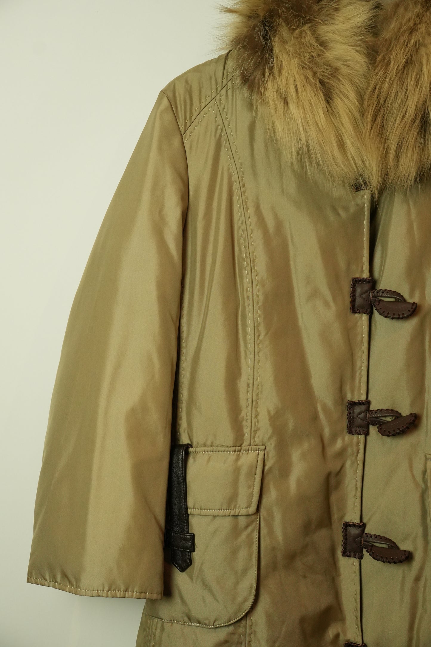 Balmain Beige Down Coat w Fur Collar