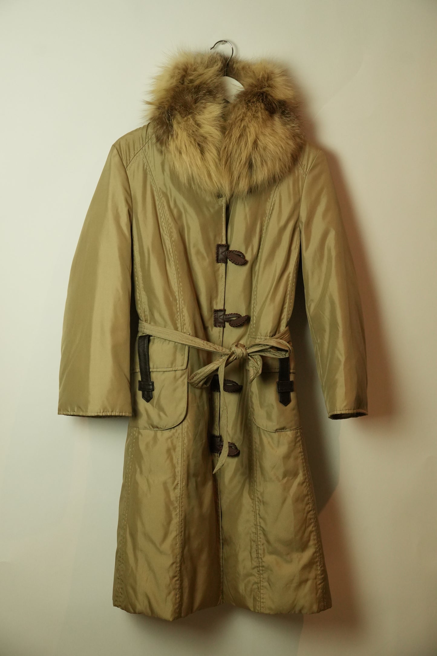 Balmain Beige Down Coat w Fur Collar