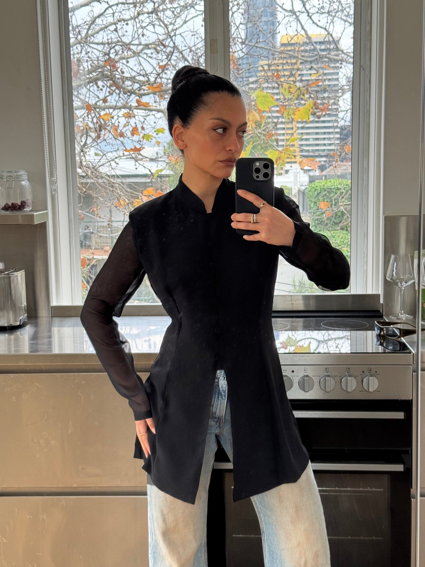 MOGA Black Mandarin Collar Sheer LS Shacket