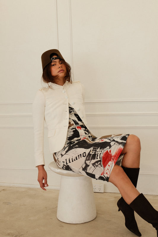 John Galliano Sless Newspaper Print Graffiti Ruched Bodycon Dress