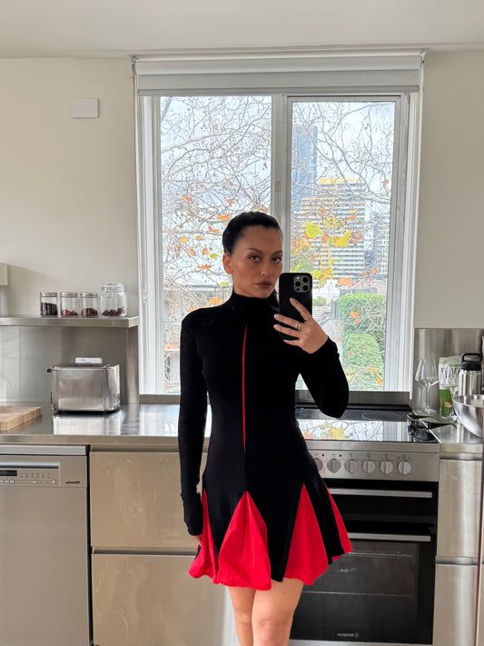 Salvatore Ferragamo Red Black LS Mock Neck Mini Dress w Pleat Bubble Skirt