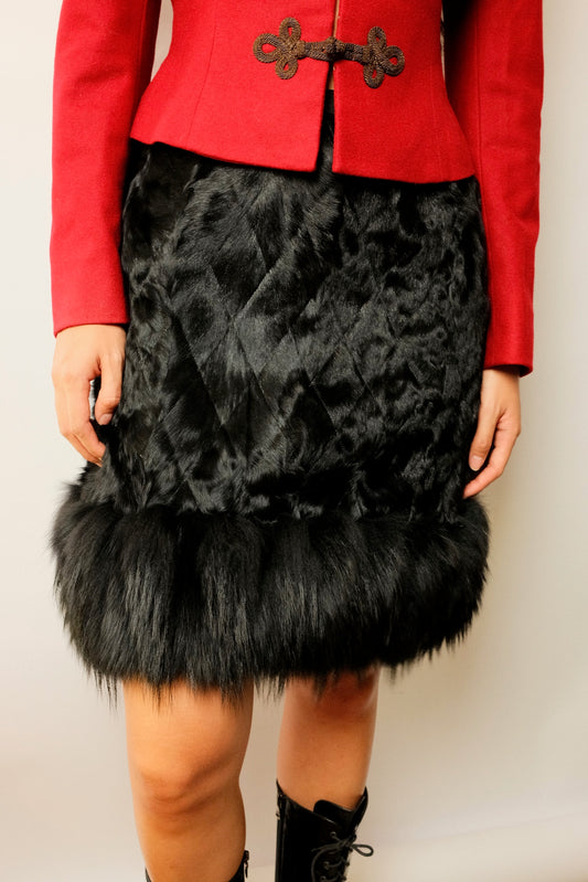 Red Valentino Goat Fur Skirt w Fur Trimming