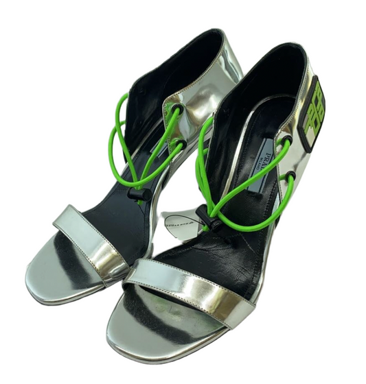Prada Silver Logo Neon Green Heels 37.5