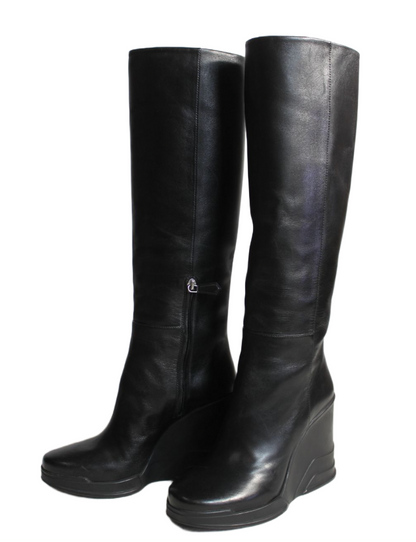 Prada Rubber Wedge Knee High Leather Boots Sz 38