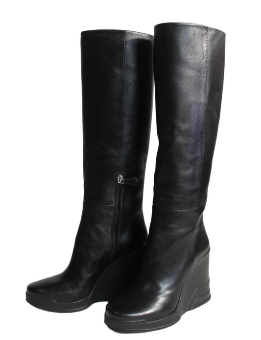 Prada Rubber Wedge Knee High Leather Boots Sz 38