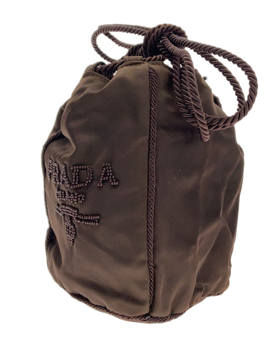 Prada Nylon Brown Beaded Logo Mini Bucket Bag