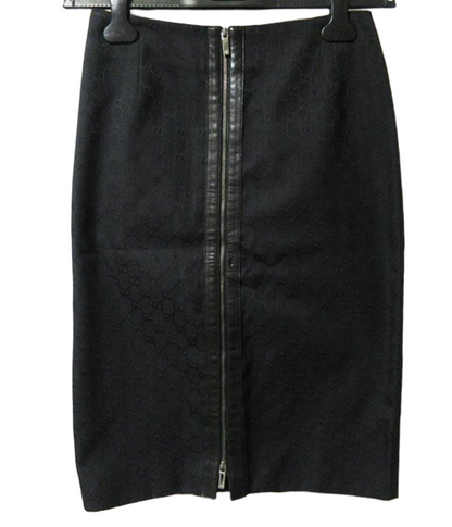Gucci Monogram Leather Trim Zipper Black Pencil Skirt