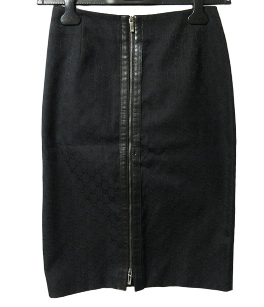 Gucci Monogram Leather Trim Zipper Black Pencil Skirt