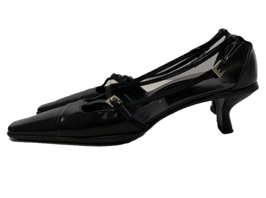 Prada Black Kitten Keel Pumps T Strap 37.5