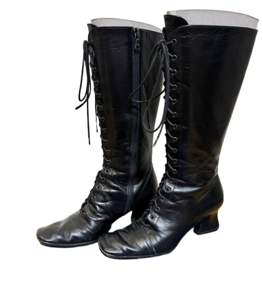 Prada Leather Lace Up Knee High Boots sz 36.5