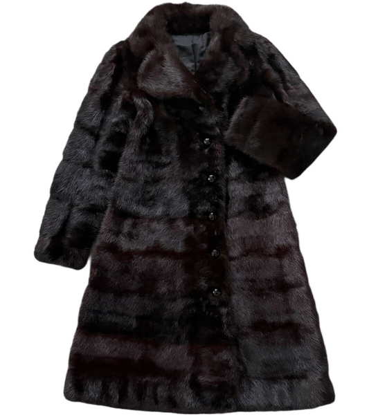 MINK fur coat Length 98cm Long coat Horizontal stripe design Dark brown