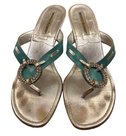 Manolo Blahnik Bejeweled Turquoise Thong Sandals 38.5