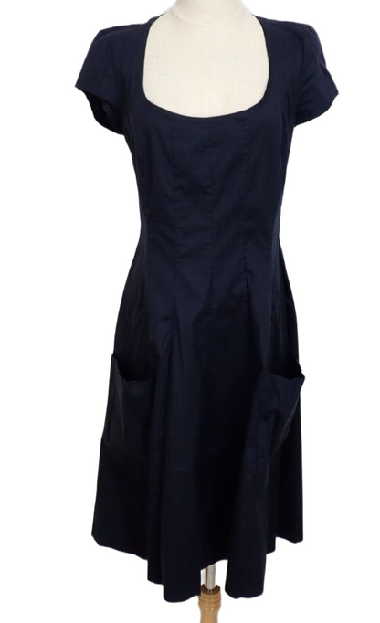 Prada Cap SS Flare Dress 44 Knee length Dark Navy Nylon