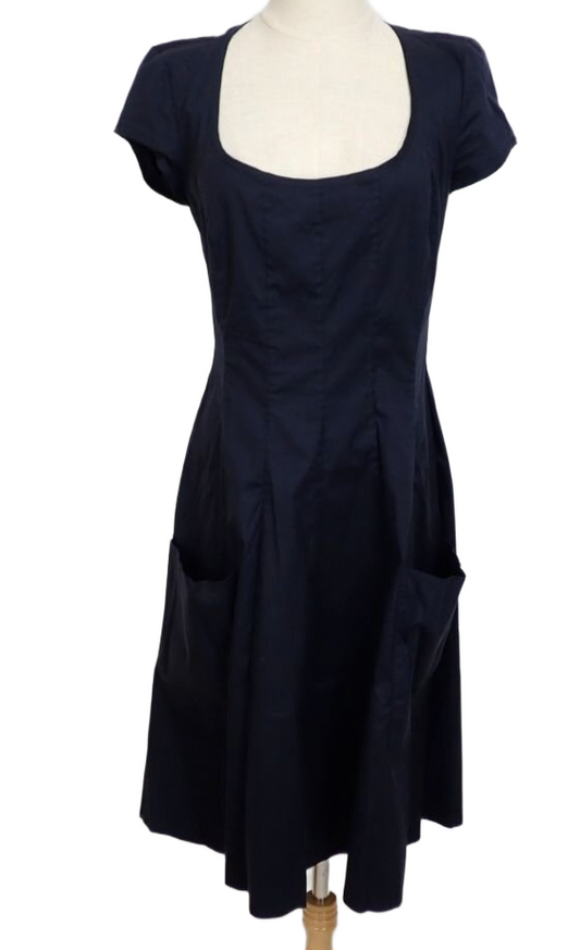 Prada Cap SS Flare Dress 44 Knee length Dark Navy Nylon