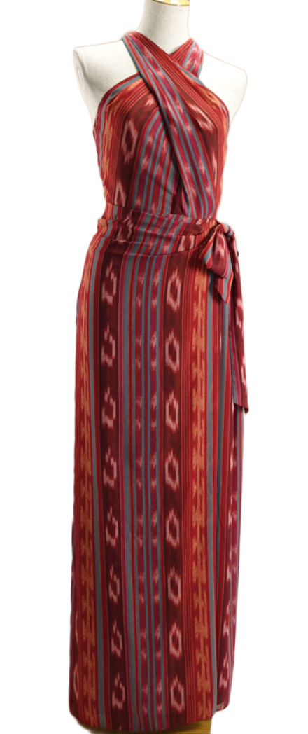 Ralph Lauren Maroon Red Orange Kasuri Tribal print halter Maxi dress