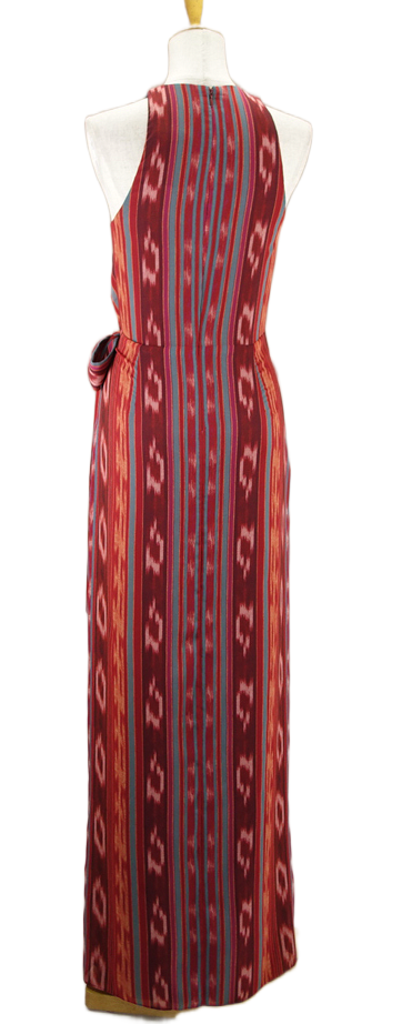 Ralph Lauren Maroon Red Orange Kasuri Tribal print halter Maxi dress