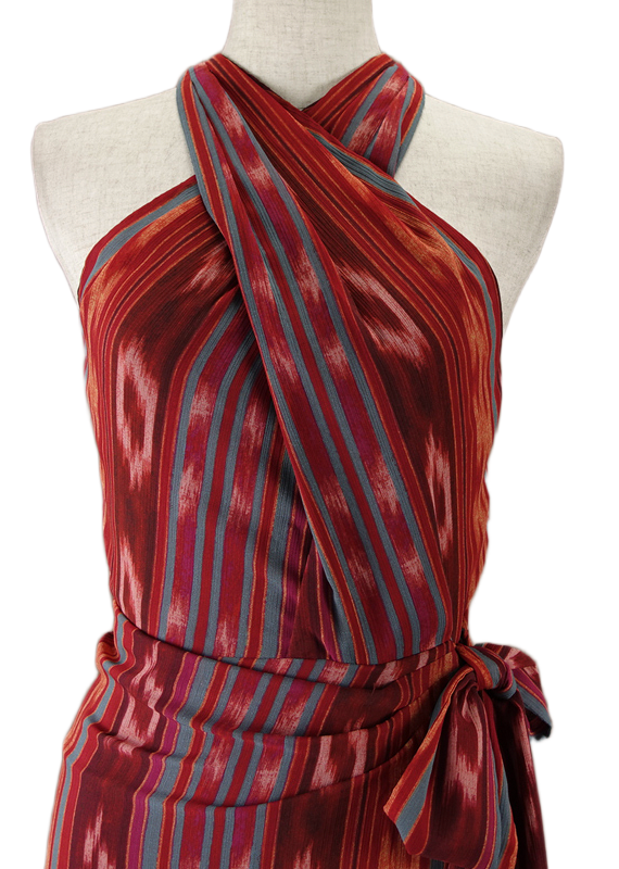 Ralph Lauren Maroon Red Orange Kasuri Tribal print halter Maxi dress