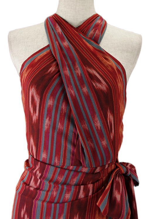 Ralph Lauren Maroon Red Orange Kasuri Tribal print halter Maxi dress