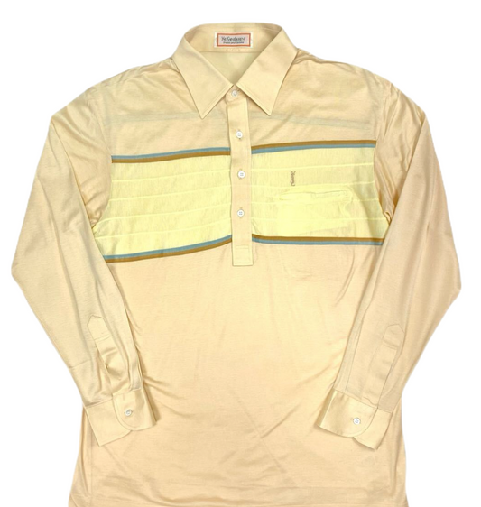 Yves Saint Laurent Logo Men LS Polo Shirt in Beige Stripe