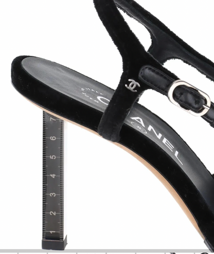 Chanel Coco Mark Velvet Heels Sz 38.5 w Metal Ruler Heel