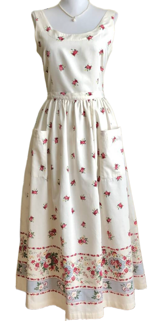 Ralph Lauren Vintage Rose Print White Cotton Flared Country Apron Dress