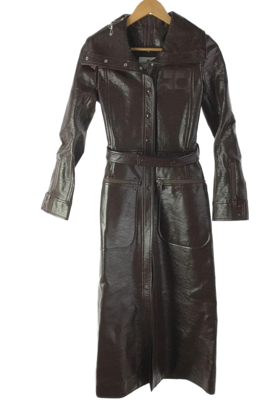 Courreges Vinyl Patent Leather Brown Zip Belted Long Coat
