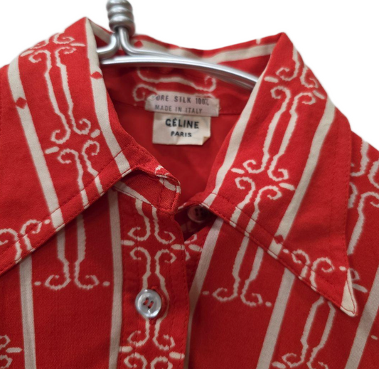 Celine Silk Red Striped Pattern LS Shirt Dress