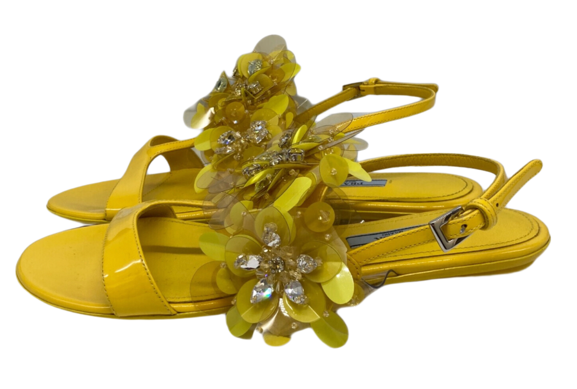 Prada Flower Enamel Yellow Sandals Sz 38.5