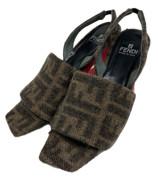 Fendi Zucca Felt Block Platform Wedges Sandals Heels Sz 7.5