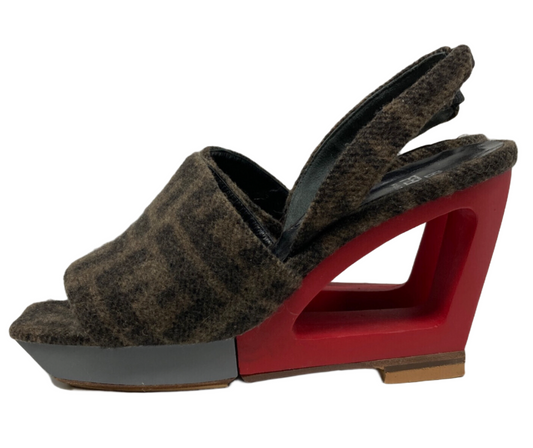 Fendi Zucca Felt Block Platform Wedges Sandals Heels Sz 7.5