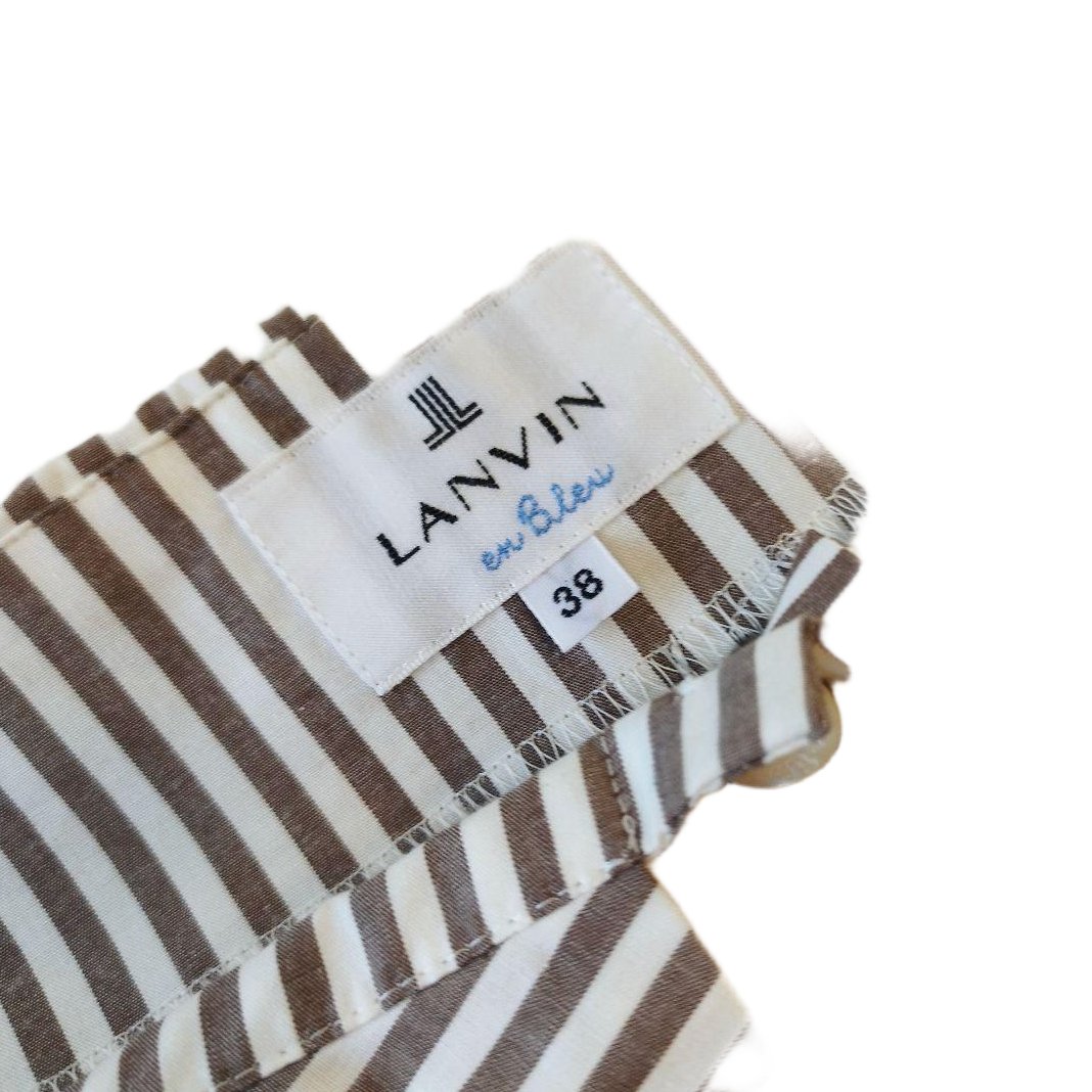 Lanvin en Bleu Cotton Striped SS Boat Neck Flare Midi Dress