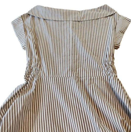 Lanvin en Bleu Cotton Striped SS Boat Neck Flare Midi Dress