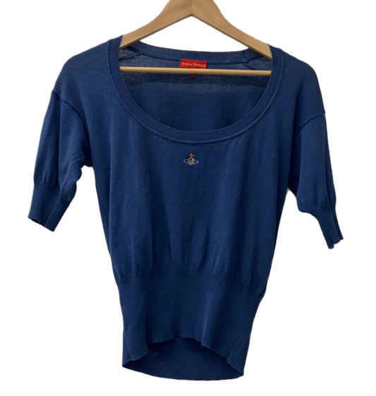 Vivienne Westwood Blue Scoop Neck SS Orbit Logo Knit Top