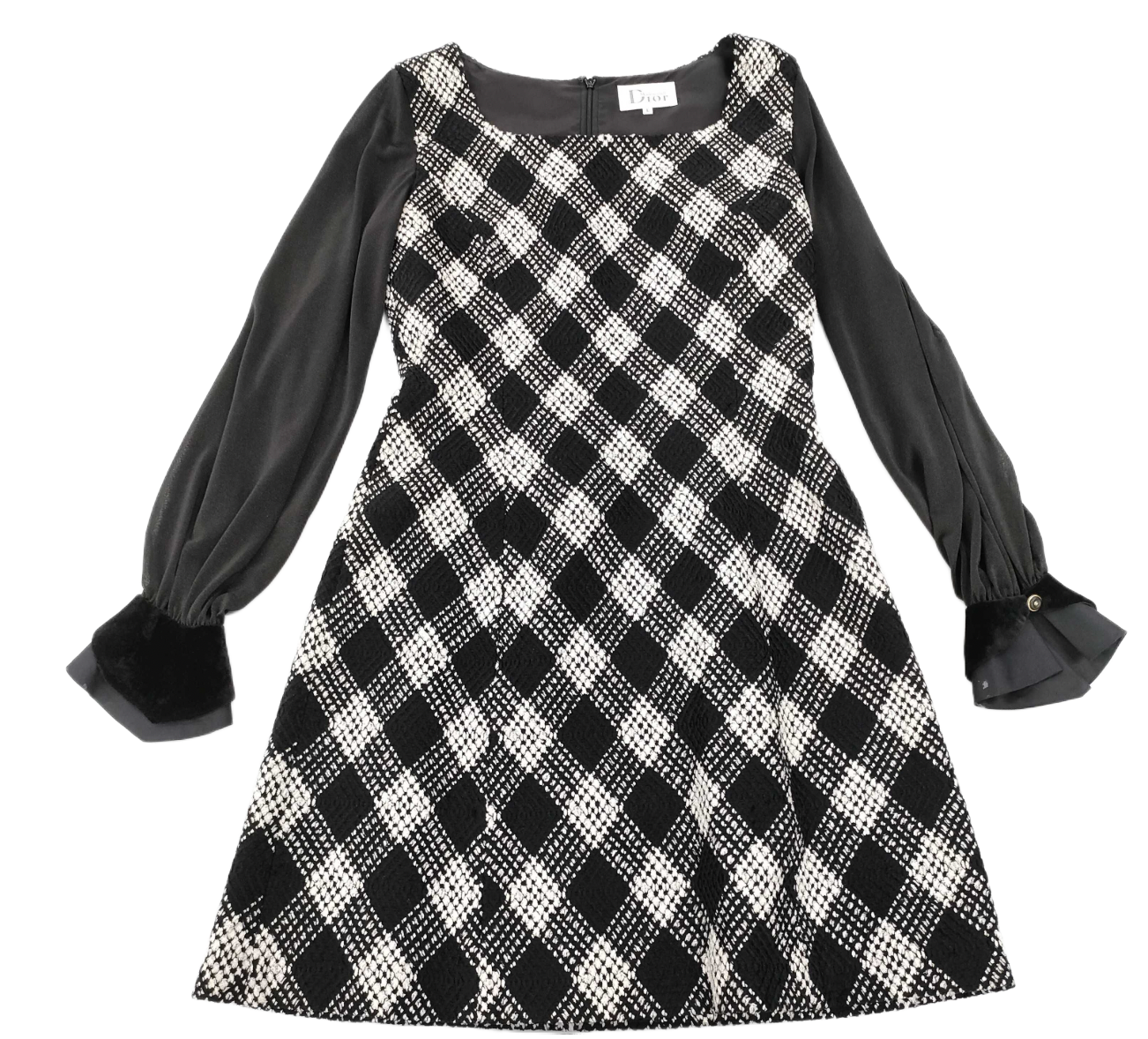 Miss Dior Checkered Tweed Square Neck Sheer LS Dress