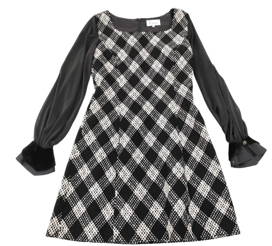Miss Dior Checkered Tweed Square Neck Sheer LS Dress
