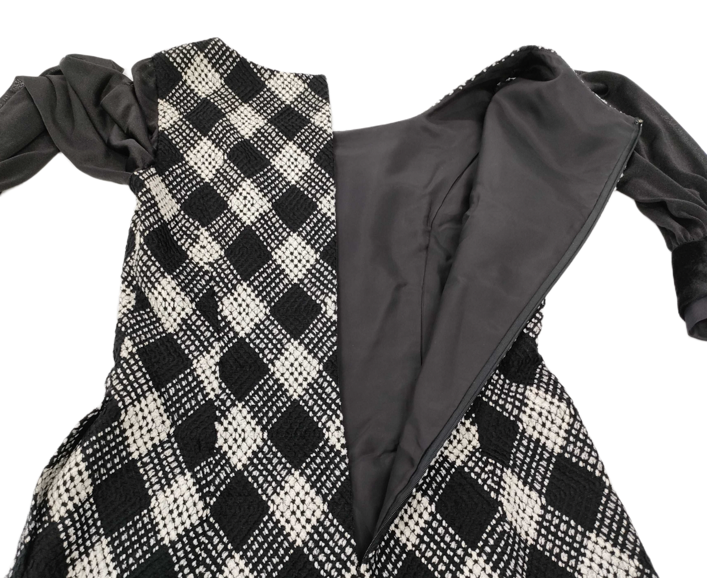 Miss Dior Checkered Tweed Square Neck Sheer LS Dress
