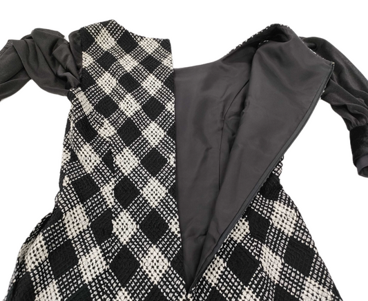 Miss Dior Checkered Tweed Square Neck Sheer LS Dress