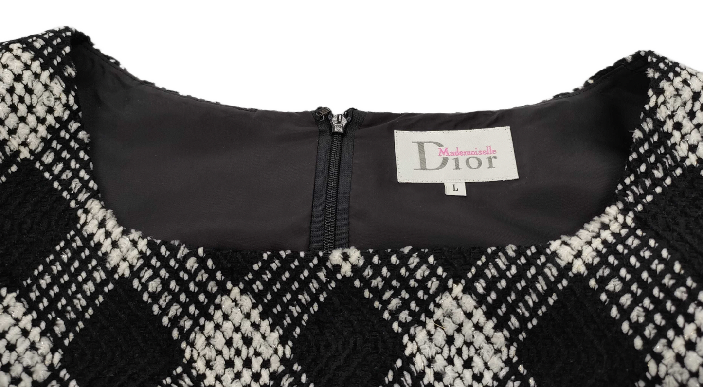 Miss Dior Checkered Tweed Square Neck Sheer LS Dress