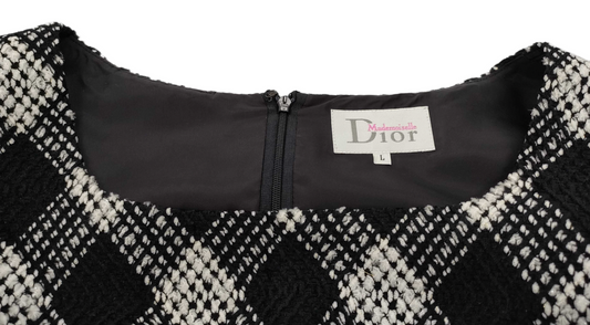 Miss Dior Checkered Tweed Square Neck Sheer LS Dress