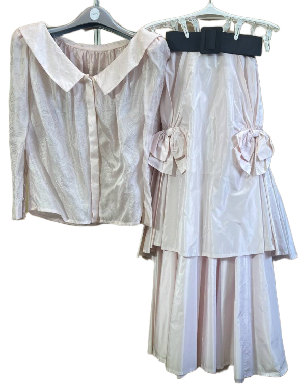 Christian Dior Pink L Button Down Blouse Layered Skirt w Box & Belt Set Suit