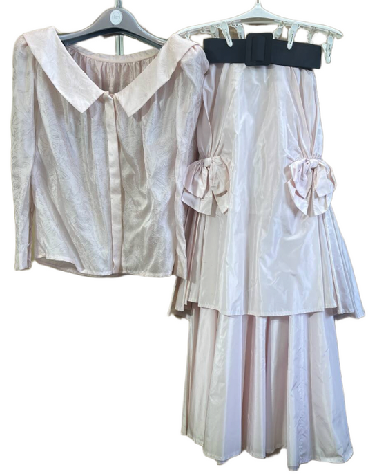 Christian Dior Pink L Button Down Blouse Layered Skirt w Box & Belt Set Suit