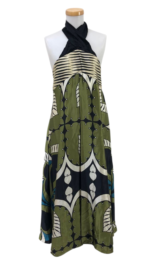 Kenzo Halterneck 100% Silk Tribal Print Maxi Dress Sz 38