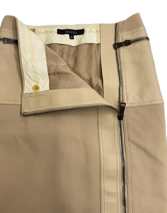Gucci Tom Ford 2001 AW Beige Leather Trim Pocket Pencil Skirt