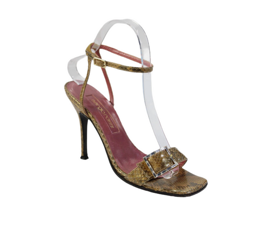 Sergio Rossi Snakeskin Print Jeweled Sandal Heels Brown Size 37.5 7.5