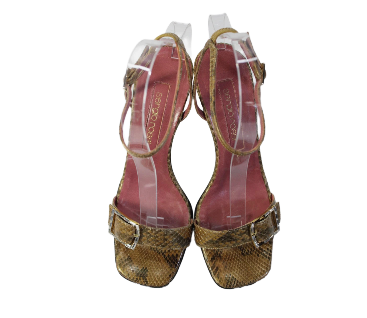 Sergio Rossi Snakeskin Print Jeweled Sandal Heels Brown Size 37.5 7.5