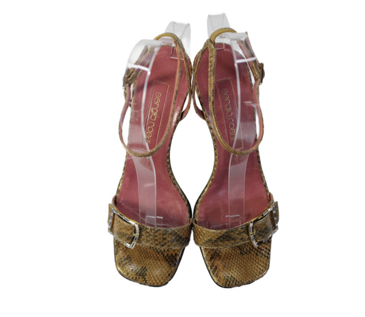 Sergio Rossi Snakeskin Print Jeweled Sandal Heels Brown Size 37.5 7.5