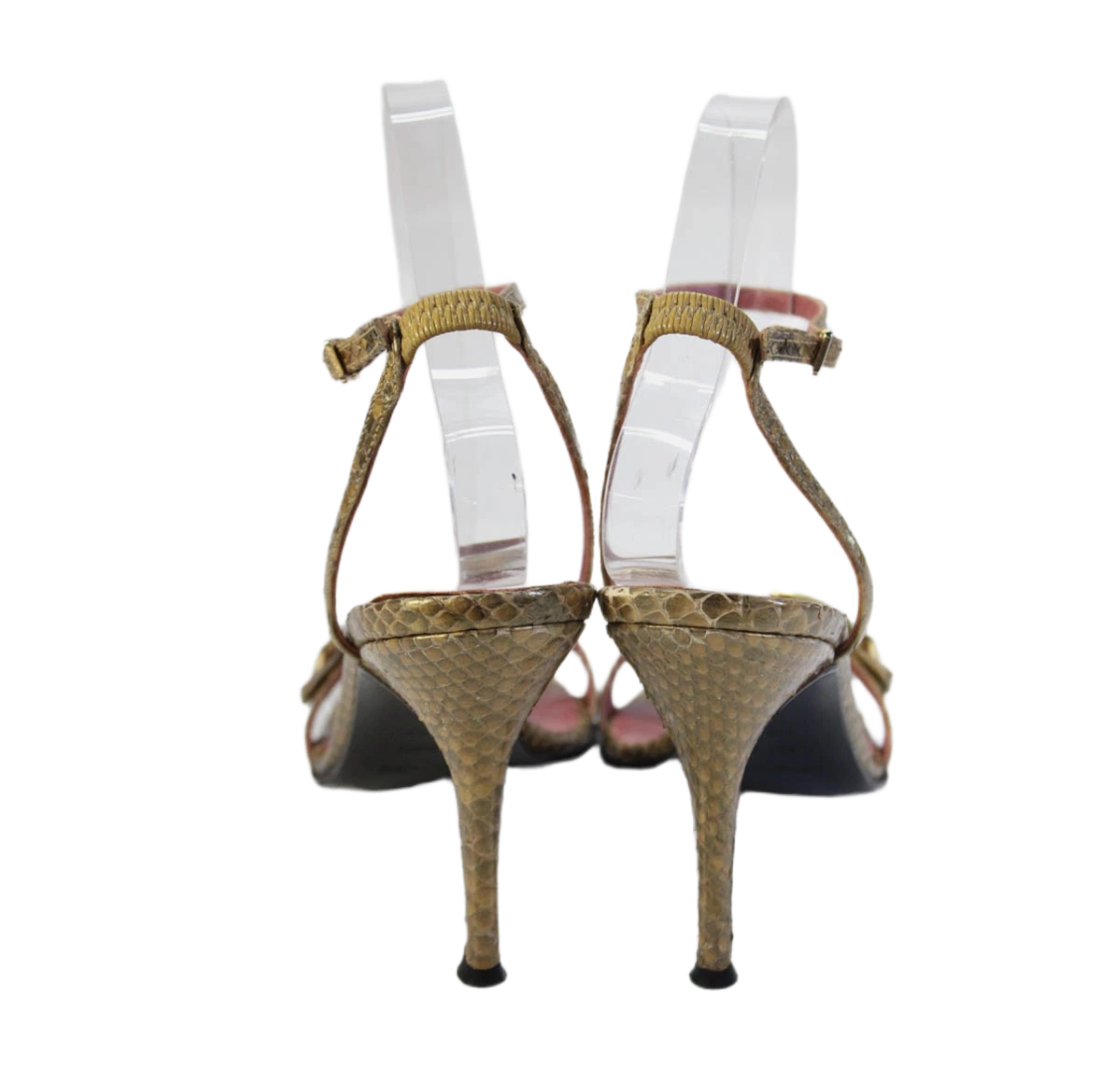 Sergio Rossi Snakeskin Print Jeweled Sandal Heels Brown Size 37.5 7.5