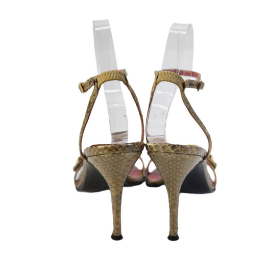Sergio Rossi Snakeskin Print Jeweled Sandal Heels Brown Size 37.5 7.5